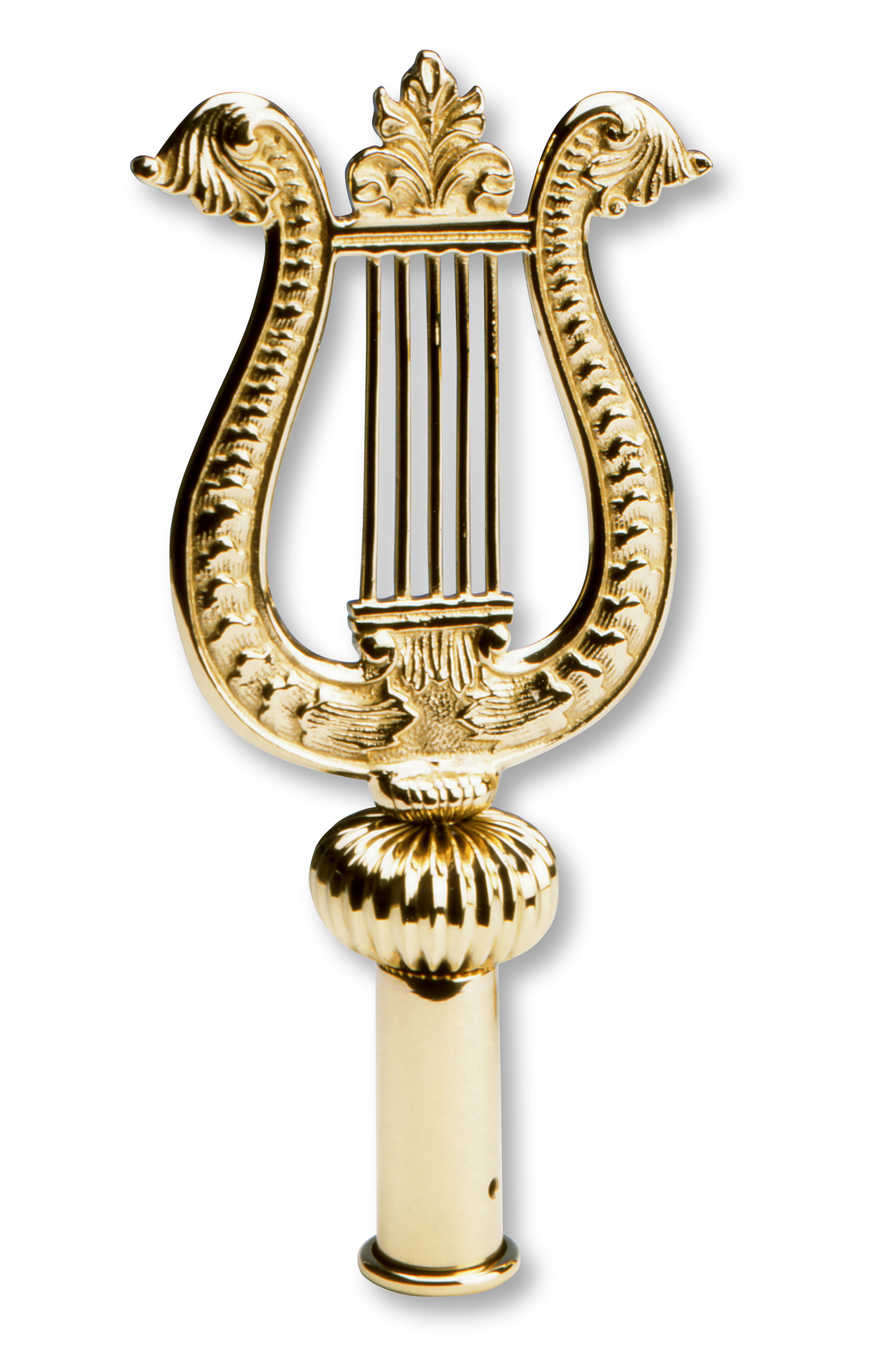 Großes Lyrasymbol, dreidimensional und massiv aus Messing. die Spitze hat eine freie Form ohne Außenrahmen.