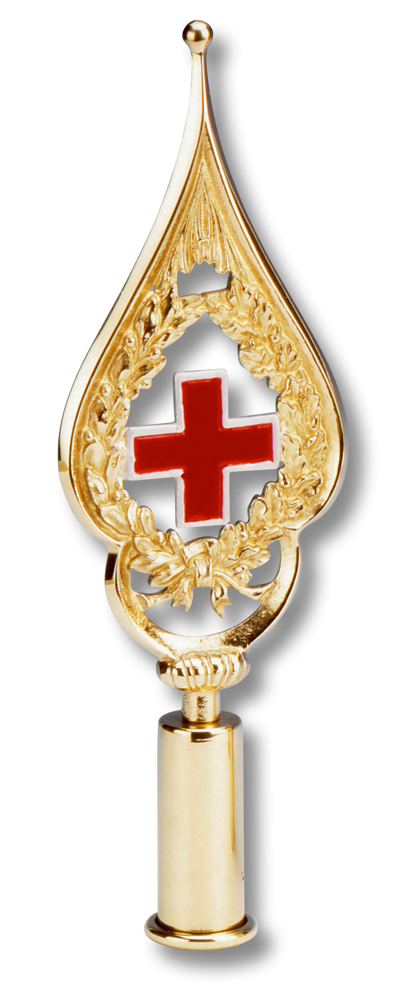 In der Mitte ist ein rotes Kreuz umgeben von eine spitz zulaufenden, goldenen Messingrahmen mit Verzierung.