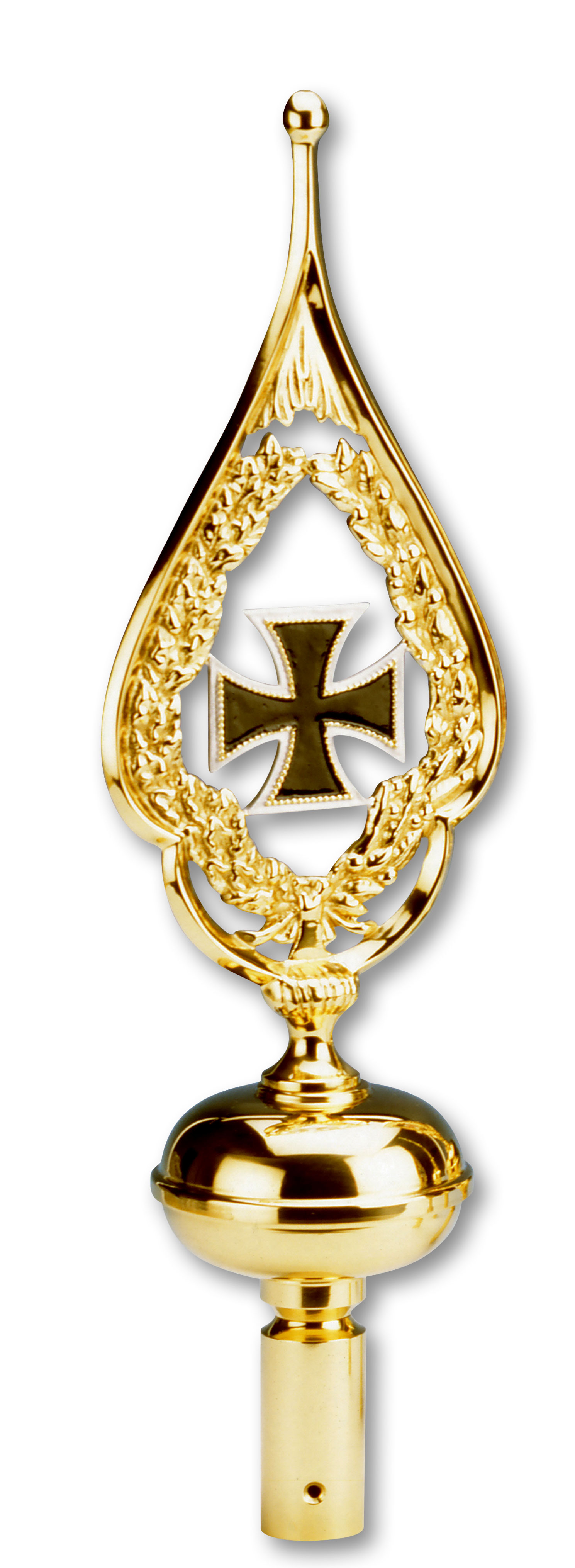 Eisernes Kreuz in Schwarz in einem goldfarbenen Rahmen. Der Rahmen ist goldfarben und läuft oben spitz zu.
