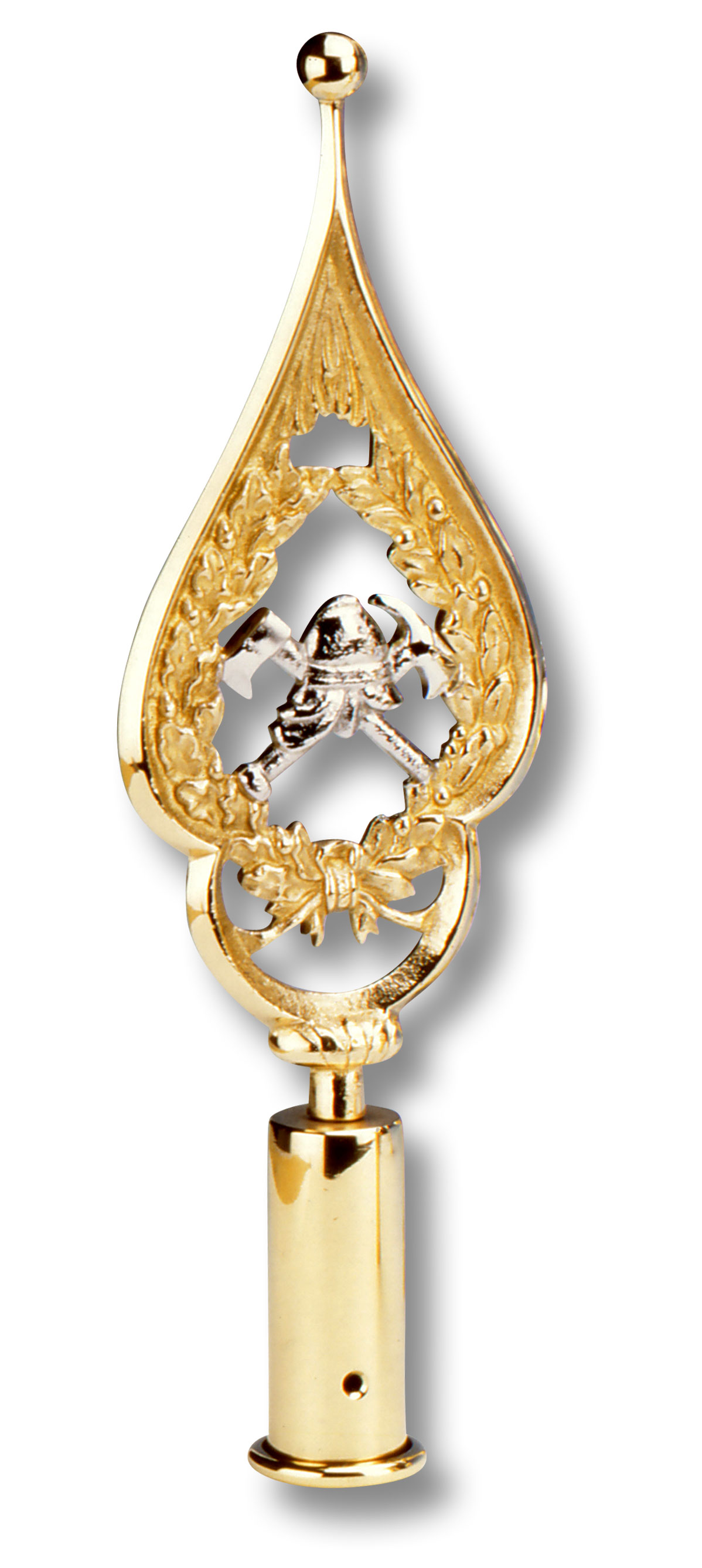 Mit goldenem Rahmen und feiner Eichenlaubverzierung. Motiv mit Helm, Beil und Flamme in Silber