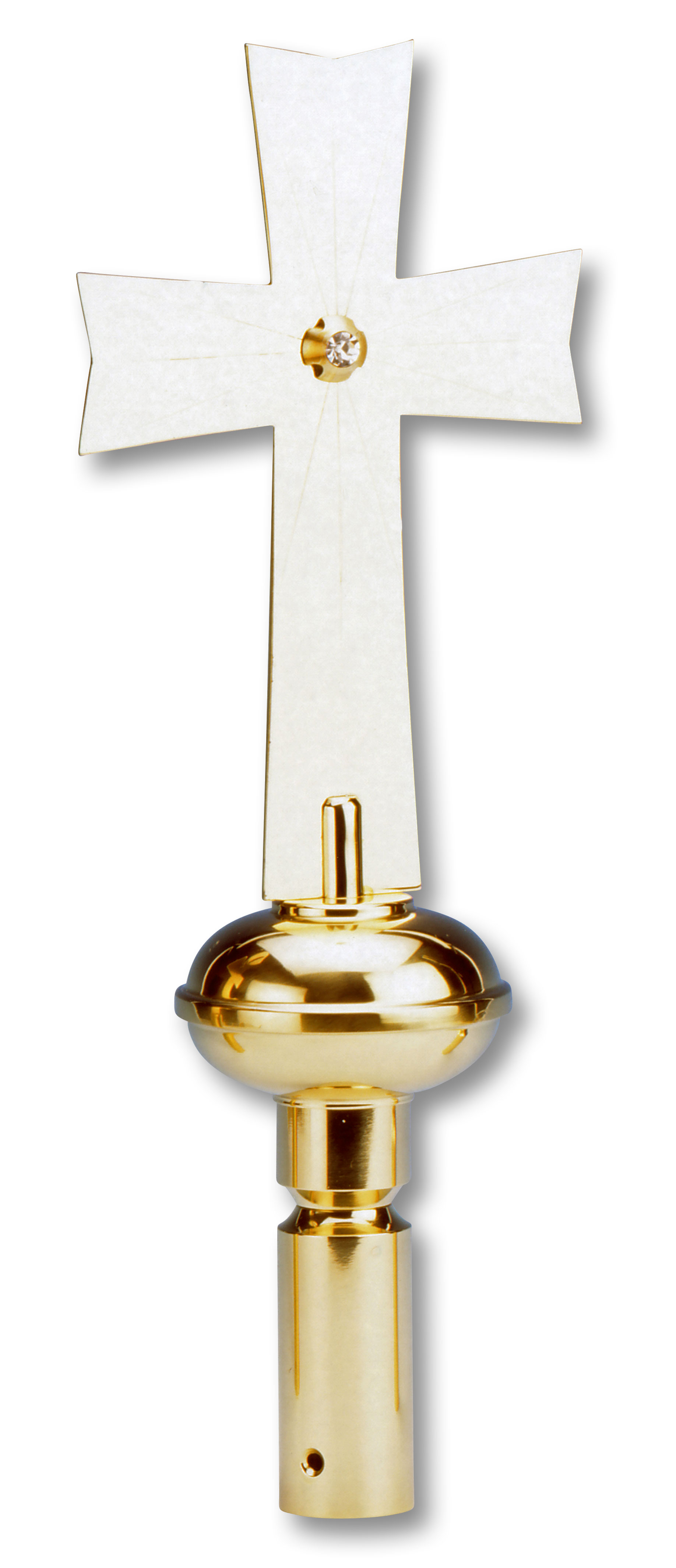 Großes, glatt gearbeitetes Kreuz aus massivem Messing in Gold. Inder Mitte mit Strahelne und einem Strasstein verziert.