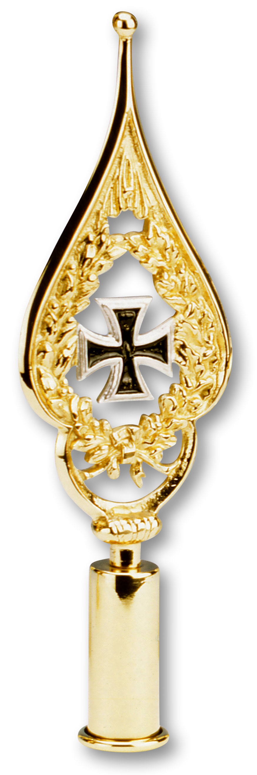 Eisernes Kreuz in Schwarz in einem goldfarbenen Rahmen. Der Rahmen ist goldfarben und läuft oben spitz zu.